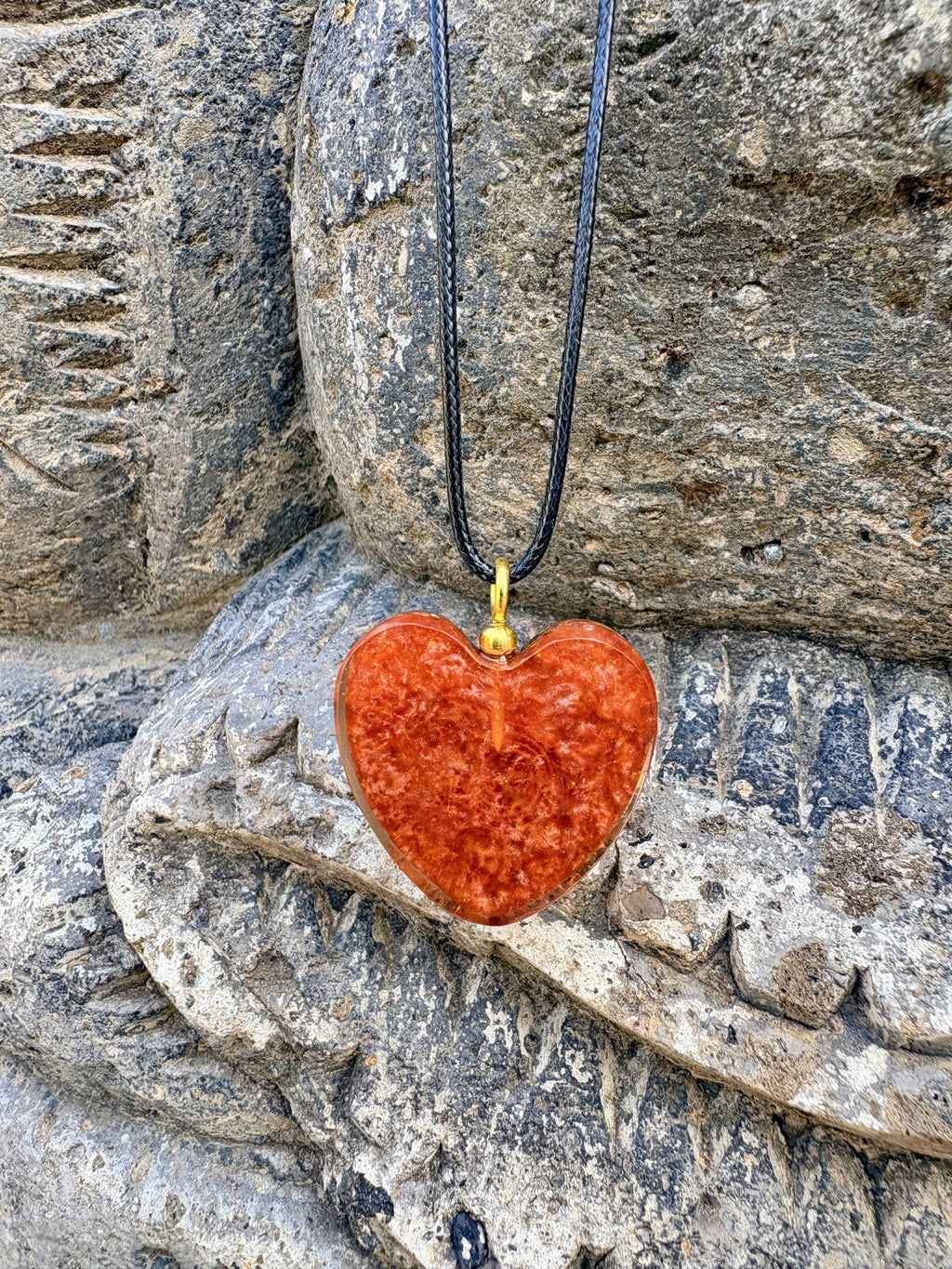 Angelwing Heart Spiritual Intuition Pendant reverse deep burnt orange carnelian resin heart gold ball bail black cord