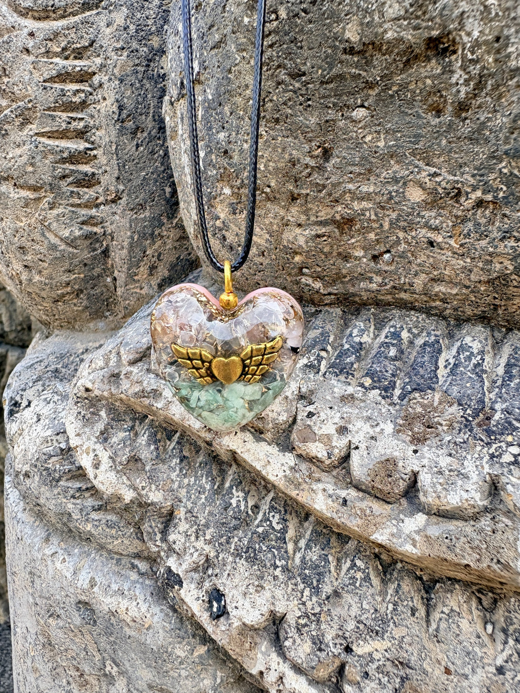 Angelwing Heart Love Pendant | Rose Quartz & Green Aventurine | Gold Angel Wings | Heart Chakra Activation, Unconditional Love & Divine Protection | Wearable Orgonite