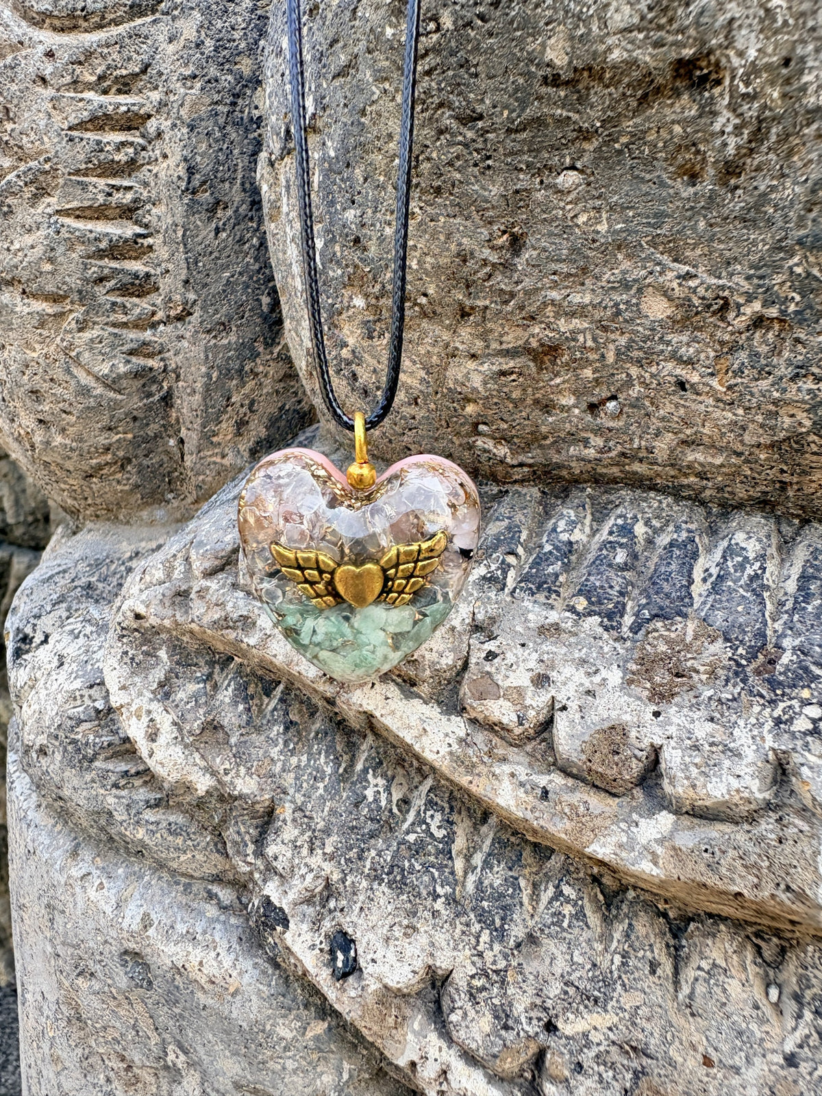 Angelwing Heart Love Pendant | Rose Quartz & Green Aventurine | Gold Angel Wings | Heart Chakra Activation, Unconditional Love & Divine Protection | Wearable Orgonite