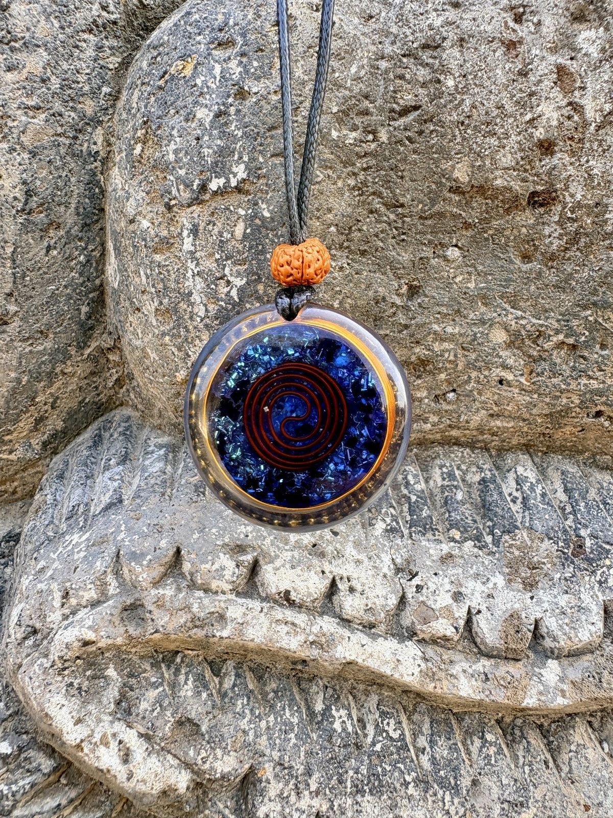 Bali Omkara Pendant reverse copper Tesla spiral deep blue lapis lazuli chip matrix