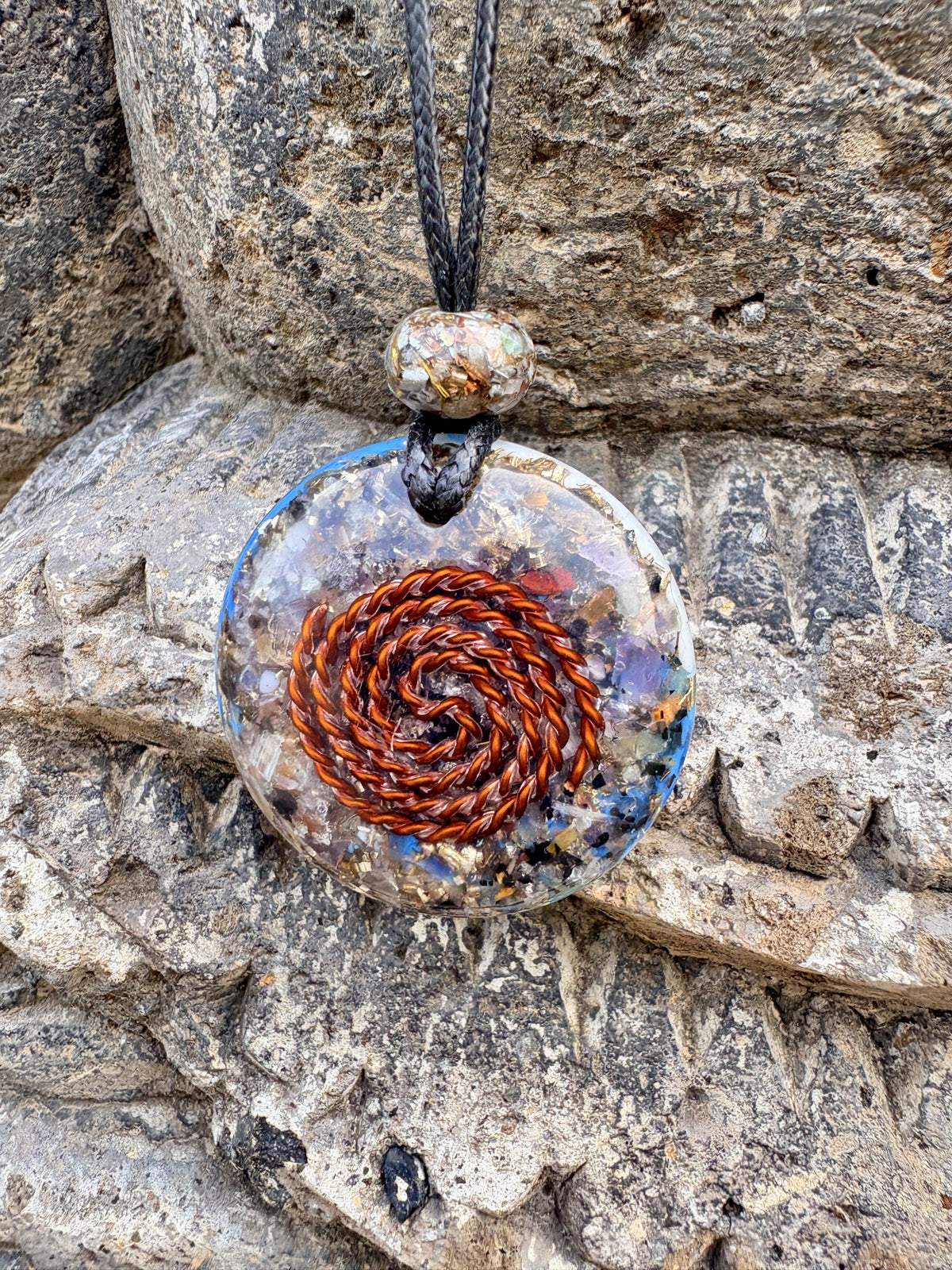 Blue Dragon Prosperity Pendant reverse clear orgonite matrix Lapis Lazuli Citrine Tiger Eye Carnelian hand-wound copper Fibonacci spiral