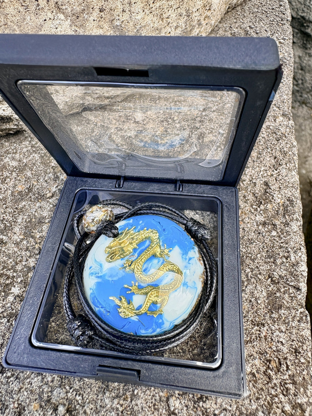 Blue Dragon Prosperity Pendant cobalt blue marbled resin gold prosperity dragon in premium black floating display gift box Batuan Bali