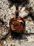 Chakra Harmony Hexagonal Pendant seven chakra stones copper rose gold leaf rudraksha bead black cord clear resin orgonite Batuan Bali