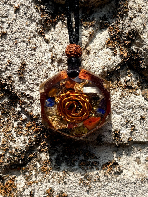 Chakra Harmony Hexagonal Pendant seven chakra stones copper rose gold leaf rudraksha bead black cord clear resin orgonite Batuan Bali