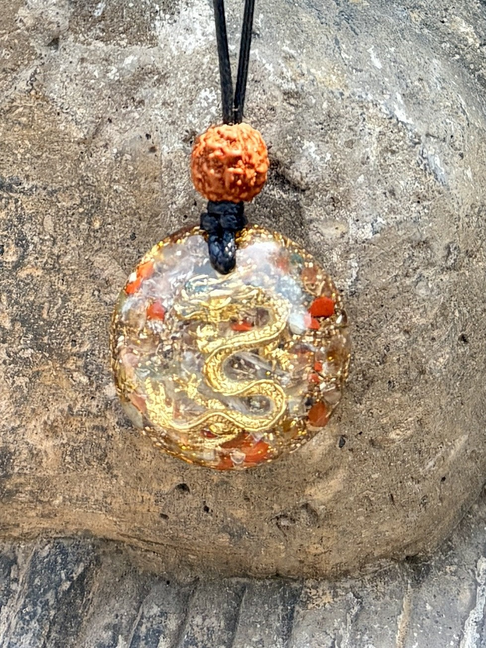 Dragon Prosperity Pendant gold dragon clear quartz red jasper rudraksha bead black cord orgonite wealth attraction Batuan Bali