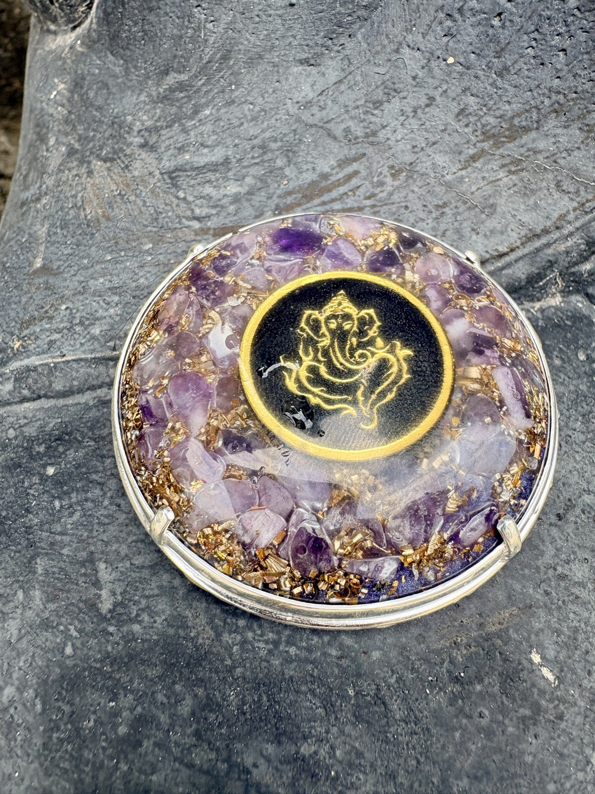 Ganesha Pocket Orgonite Meditation Disc full raw Amethyst gold leaf gold Ganesha medallion black resin silver decorative border ring 62mm Batuan Bali