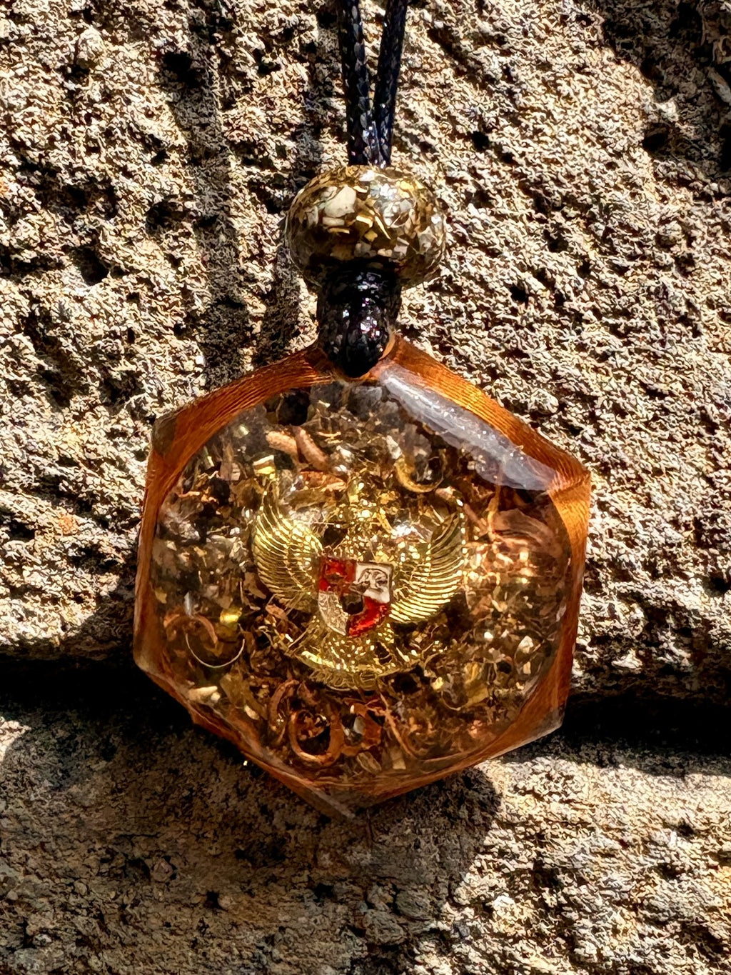 Garuda Eagle Hexagonal Pendant gold Garuda charm clear quartz black tourmaline copper coils amber resin orgonite bead bail black cord Batuan Bali
