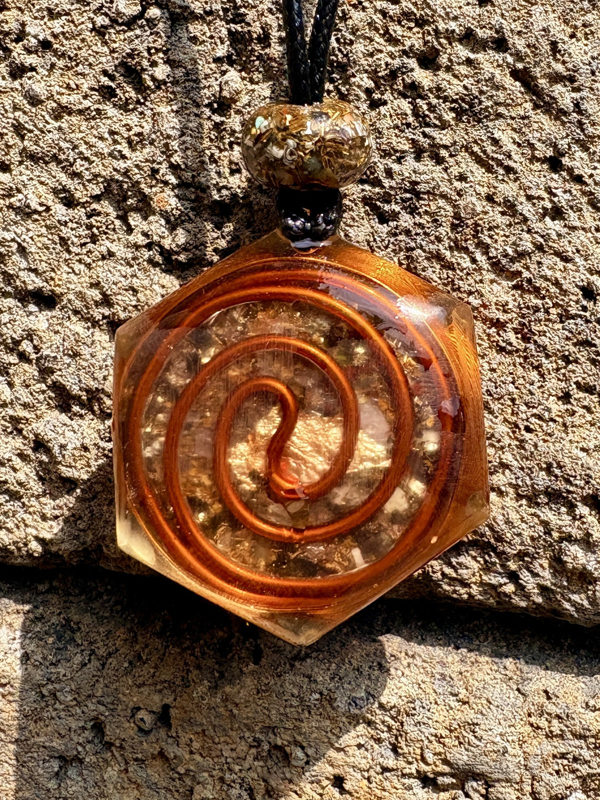 Garuda Eagle Hexagonal Pendant reverse full-face Tesla spiral copper wire hexagonal form orgonite bead bail black cord Batuan Bali