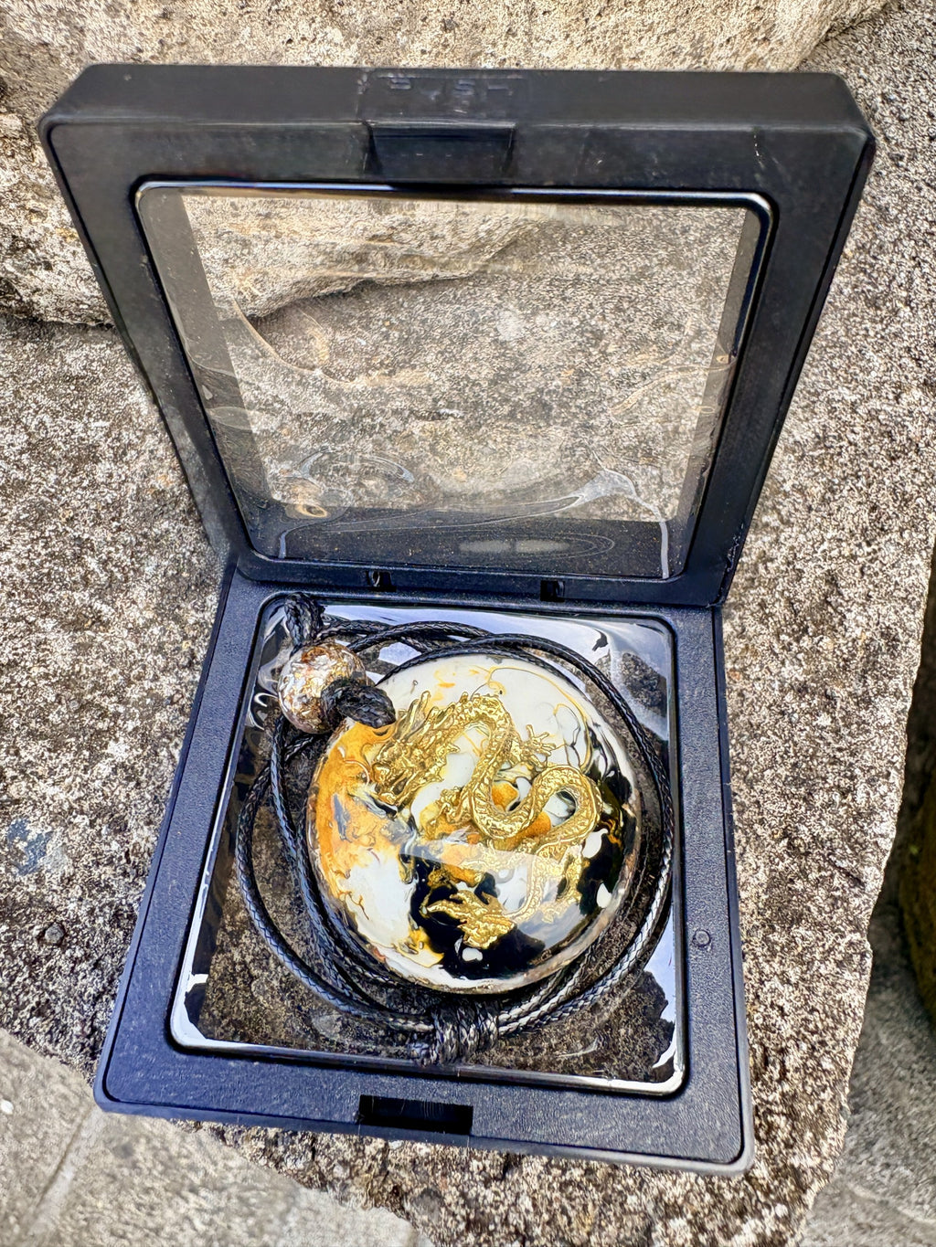 Glory Dragon Prosperity Pendant black amber gold marbled resin gold prosperity dragon in premium black floating display gift box Batuan Bali