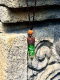 Heart Chakra Pendulum green aventurine copper coil crystal point orgonite rudraksha bead bail dark brown macrame cord Batuan Bali