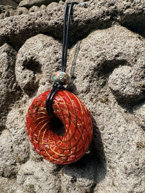Large Red Jasper Torus Pendant close-up dense copper spiral winding rich crimson red jasper chunks resin 48mm mixed-stone bail Batuan Bali