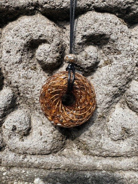Large Tiger Eye Torus Pendant close-up dense copper spiral winding warm golden brown tiger eye chunks chatoyant resin 48mm stone bail Batuan Bali