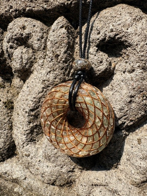 Large Green Aventurine Torus Pendant close-up dense copper spiral winding golden green aventurine chunks translucent resin 48mm mixed-stone bail Batuan Bali
