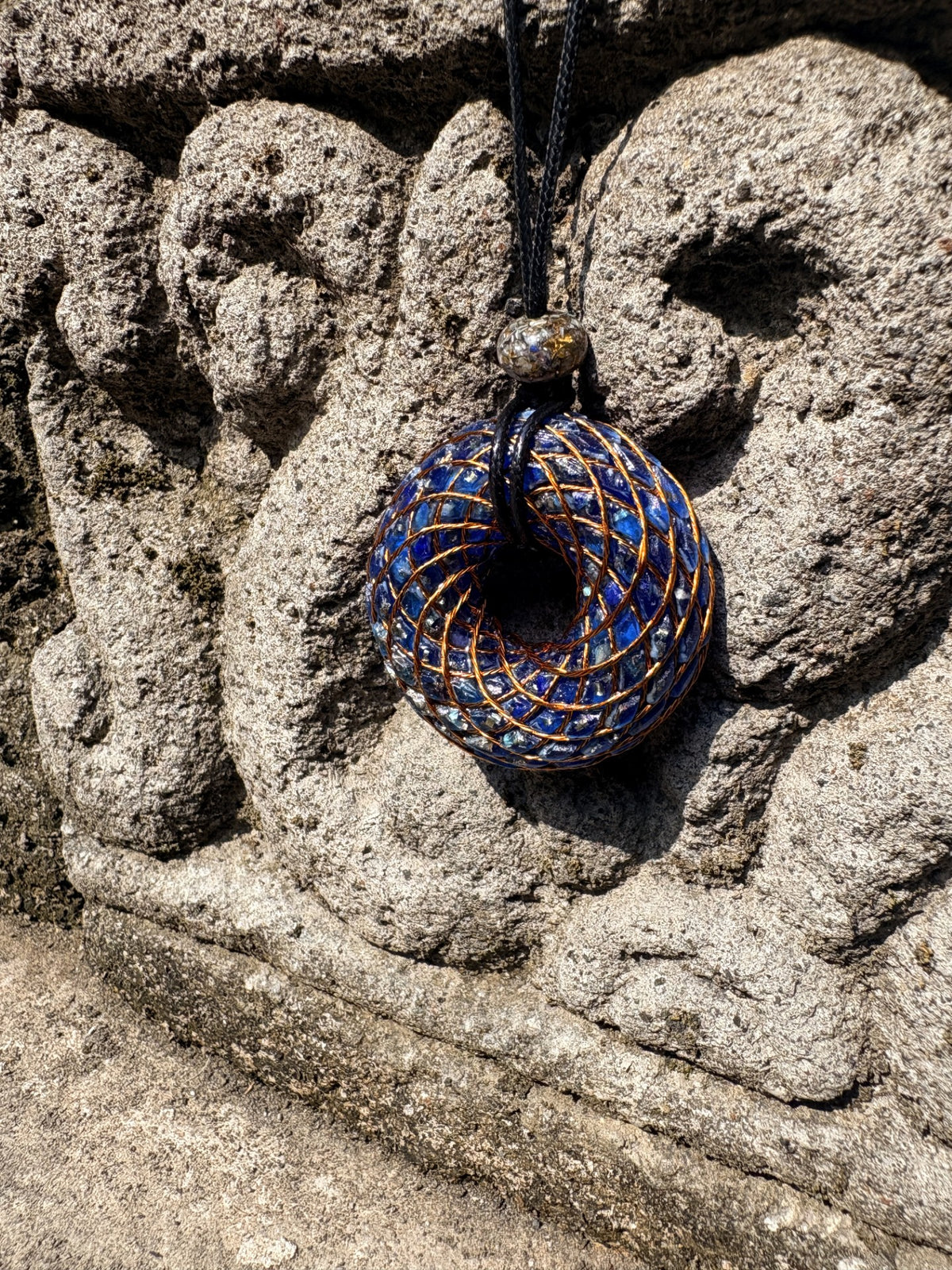 Large Lapis Lazuli Torus Pendant | Copper Spiral Winding | Mental Clarity, Self-Expression & Sovereign Wisdom | 48mm | Wearable Orgonite