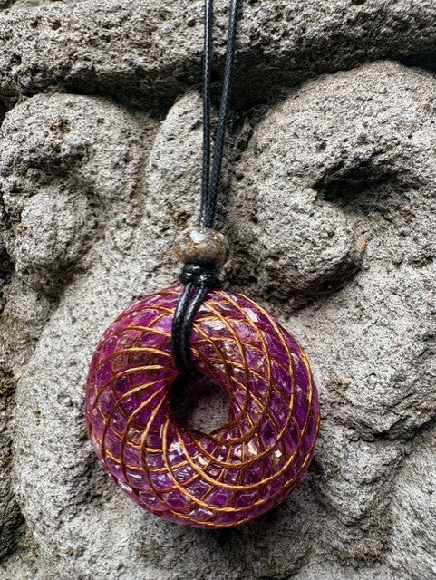 Large Purple Amethyst Torus Pendant close-up dense copper spiral winding rich violet amethyst chunks 48mm black cord mixed-stone bail Batuan Bali