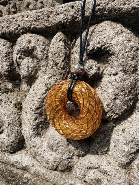Large Yellow Amber Tiger Eye Citrine Torus Pendant copper spiral winding warm honey gold resin 48mm black braided cord mixed-stone bail bead Balinese stone wall Batuan Bali