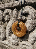 Large Yellow Amber Tiger Eye Citrine Torus Pendant copper spiral winding warm honey gold resin 48mm black braided cord mixed-stone bail bead Balinese stone wall Batuan Bali