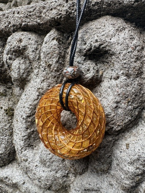Large Yellow Amber Tiger Eye Citrine Torus Pendant close-up dense copper spiral winding luminous golden amber resin stone chunks 48mm mixed-stone bail bead Batuan Bali