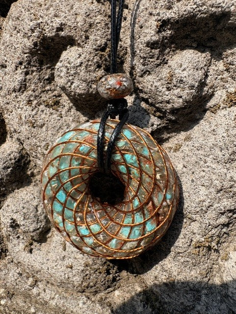 Large Turquoise Torus Pendant close-up copper lattice cross-hatch winding dense blue green turquoise chips 48mm mixed-stone bail Batuan Bali
