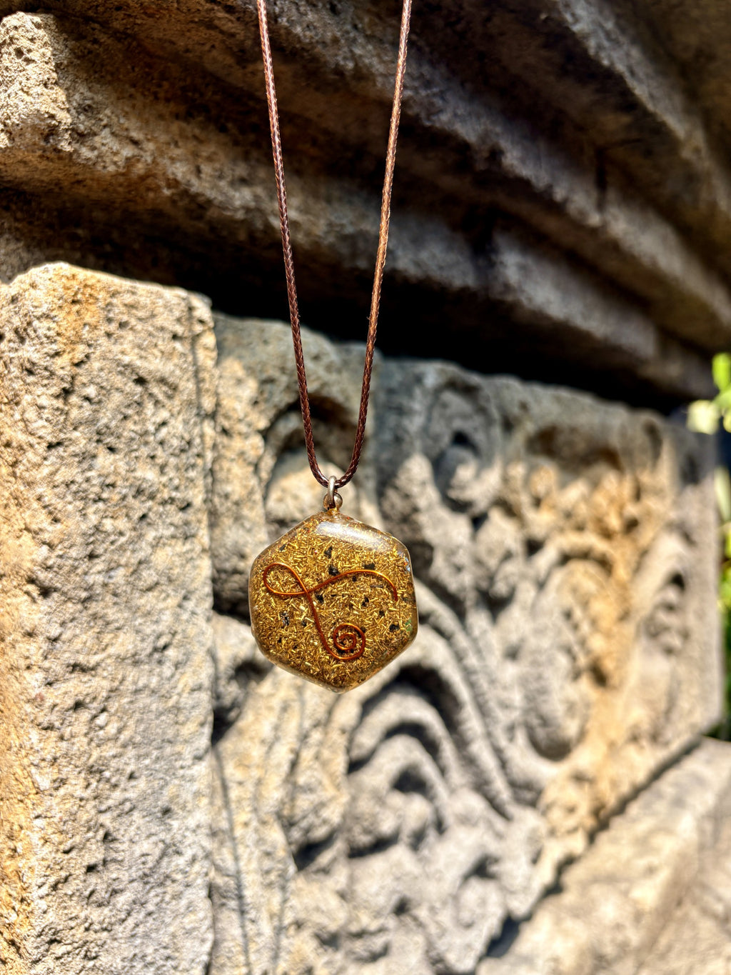 Merkaba Metatron Pendant reverse Reiki Cho Ku Rei copper wire symbol gold leaf matrix hexagonal brown cord Batuan Bali