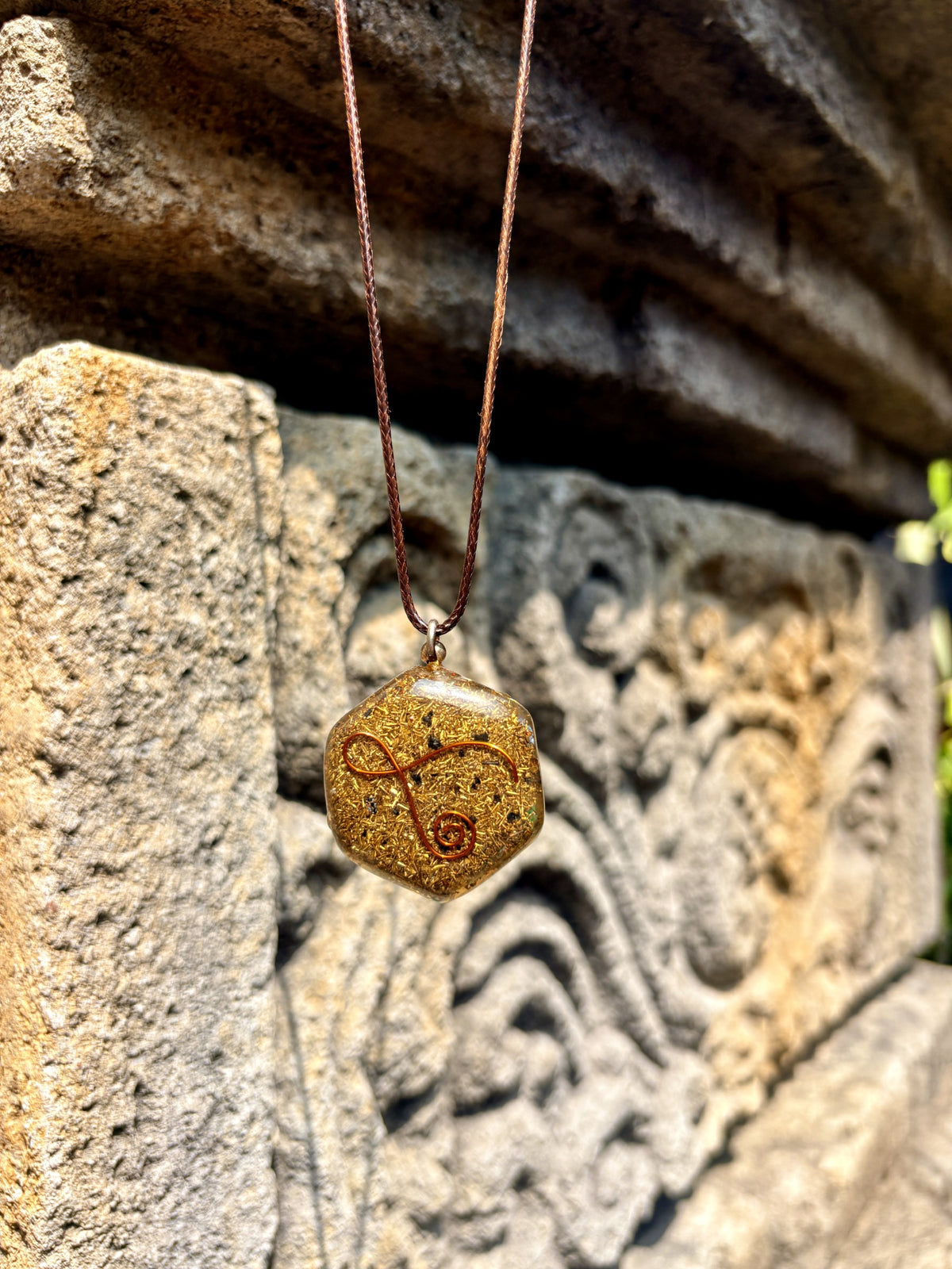 Merkaba Metatron Pendant reverse Reiki Cho Ku Rei copper wire symbol gold leaf matrix hexagonal brown cord Batuan Bali