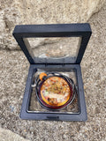 Metatron Copper Pendant amber resin gold Metatron's Cube sacred geometry gold border ring in premium black floating display gift box Batuan Bali