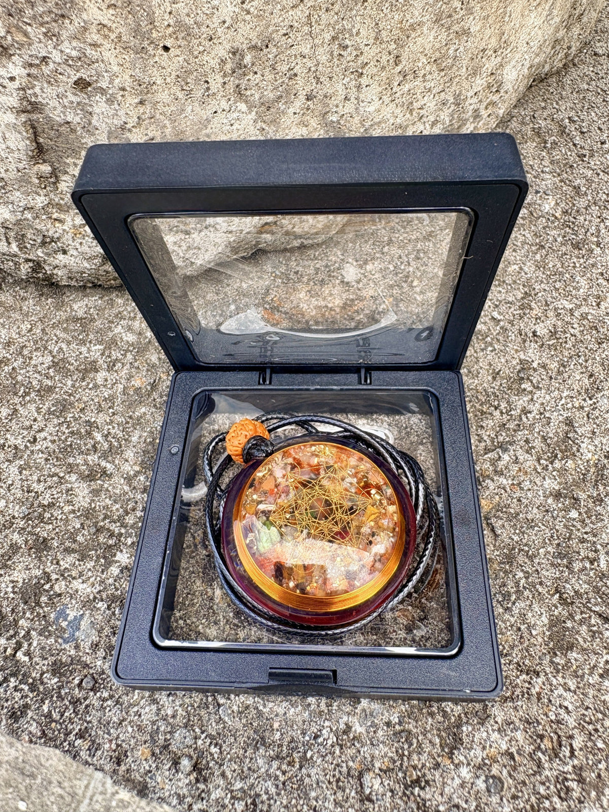 Metatron Copper Pendant amber resin gold Metatron's Cube sacred geometry gold border ring in premium black floating display gift box Batuan Bali