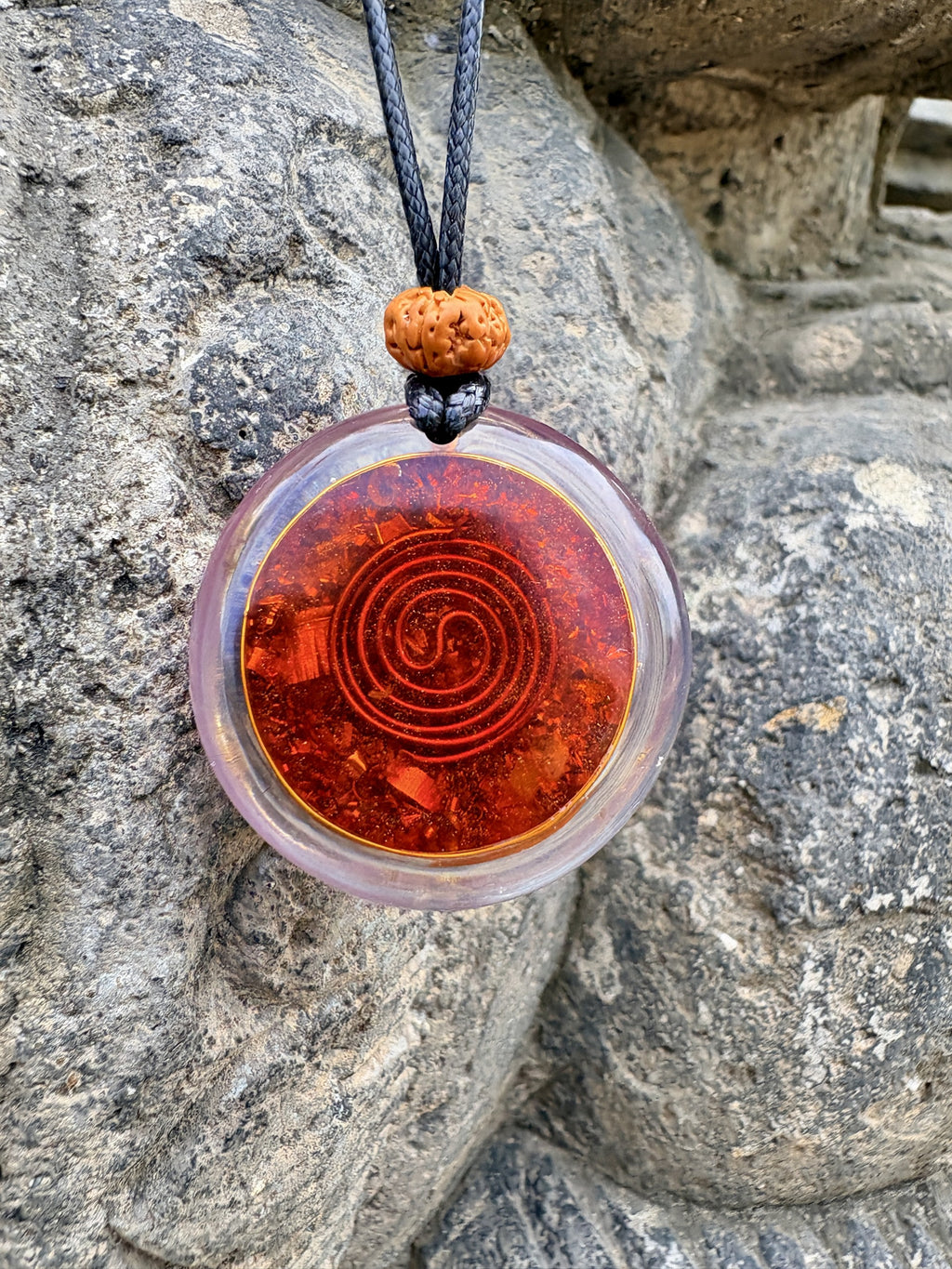 Metatron Copper Pendant reverse deep crimson red resin moulded Archimedean spiral gold border ring Rudraksha bail