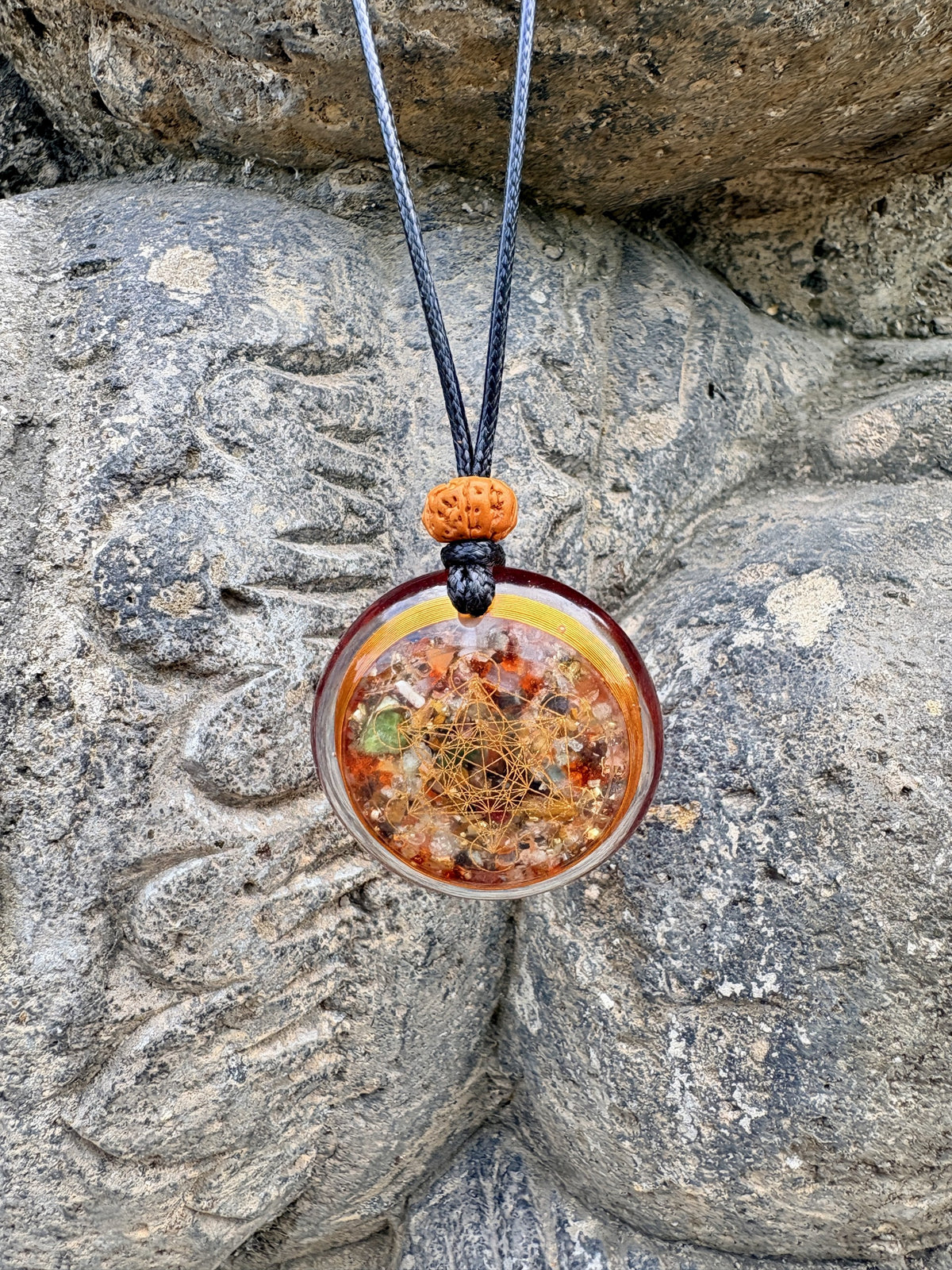 Metatron Copper Pendant front amber orange transparent resin gold Metatron's Cube sacred geometry Rudraksha seed bail black braided cord