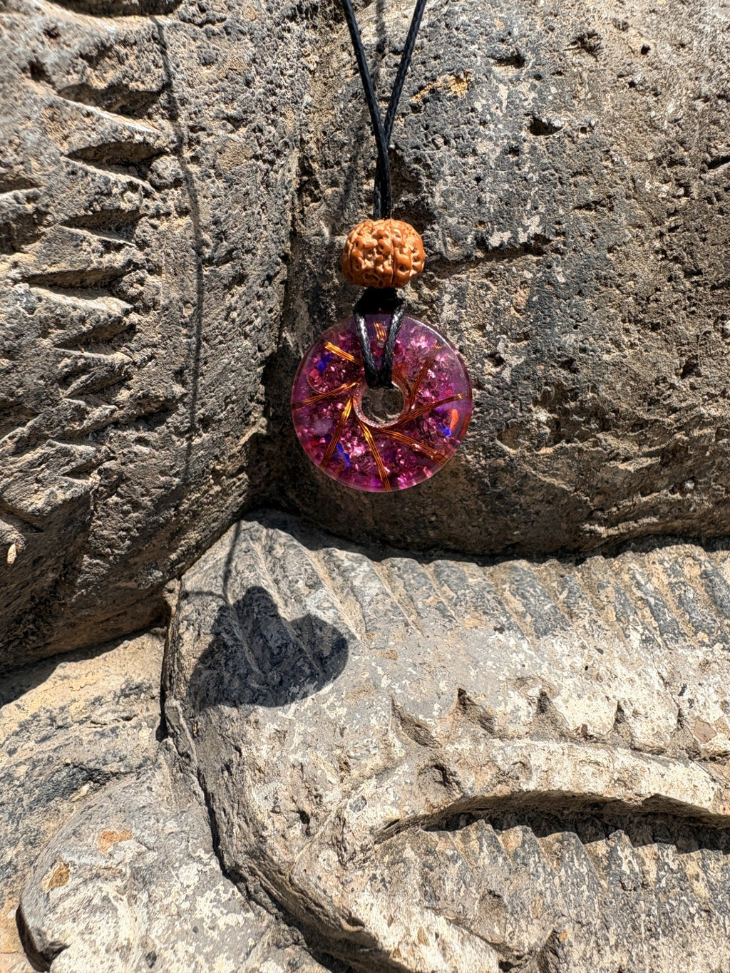 Mini 7 Chakra Torus Pendant back view rose pink resin gold copper star wire pattern Rudraksha bead 23mm Batuan Bali