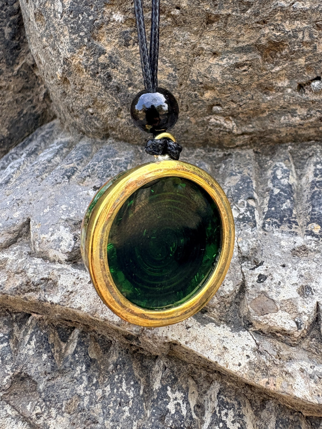 Mini Flower Pendant Yellow Brass reverse deep forest green resin disc gold brass border ring black onyx bead bail black cord