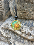 Mini Flower Pendant Yellow Brass front Aventurine Citrine Tiger Eye Carnelian matrix enamel daisy charm gold brass frame black onyx bead bail Batuan Bali