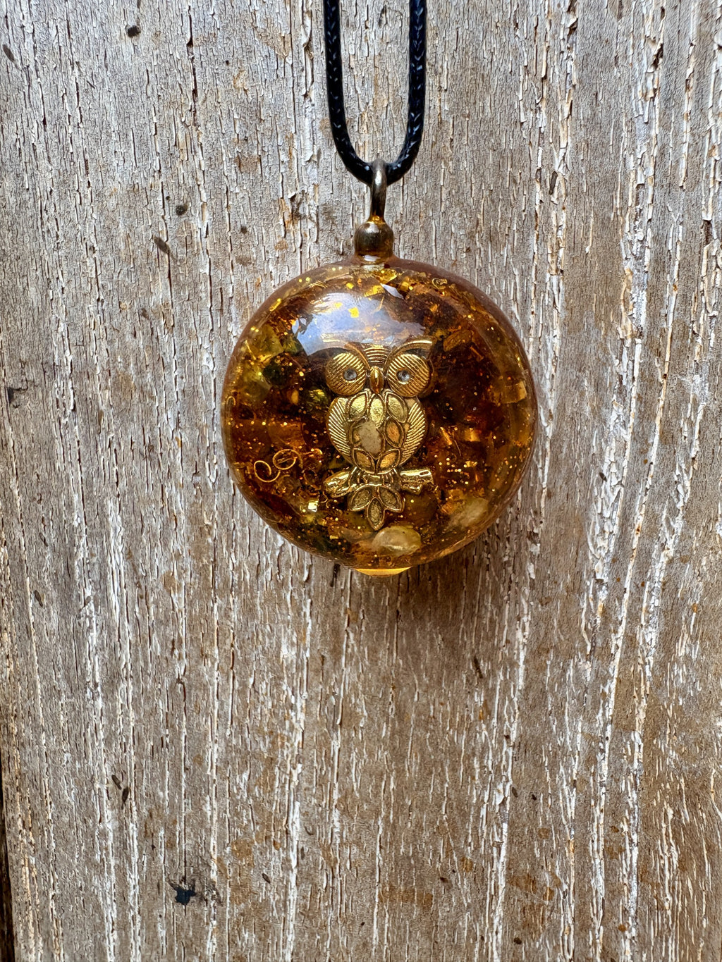 Owl Abundance Pendant gold owl charm citrine tiger eye gold leaf amber resin metal bail black cord orgonite Batuan Bali