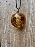 Owl Abundance Pendant gold owl charm citrine tiger eye gold leaf amber resin metal bail black cord orgonite Batuan Bali