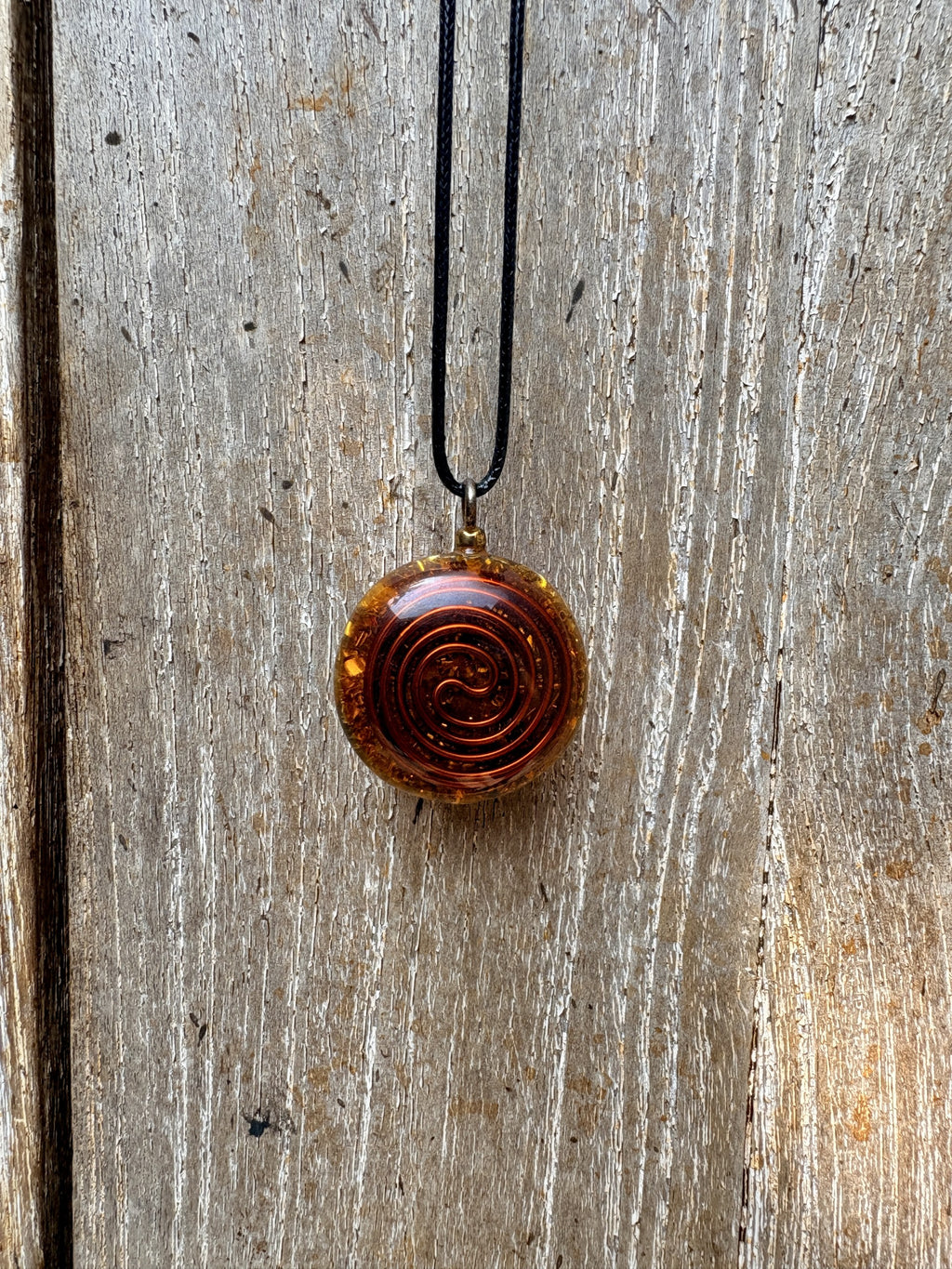 Owl Abundance Pendant reverse Tesla spiral copper wire amber gold matrix black cord orgonite Batuan Bali