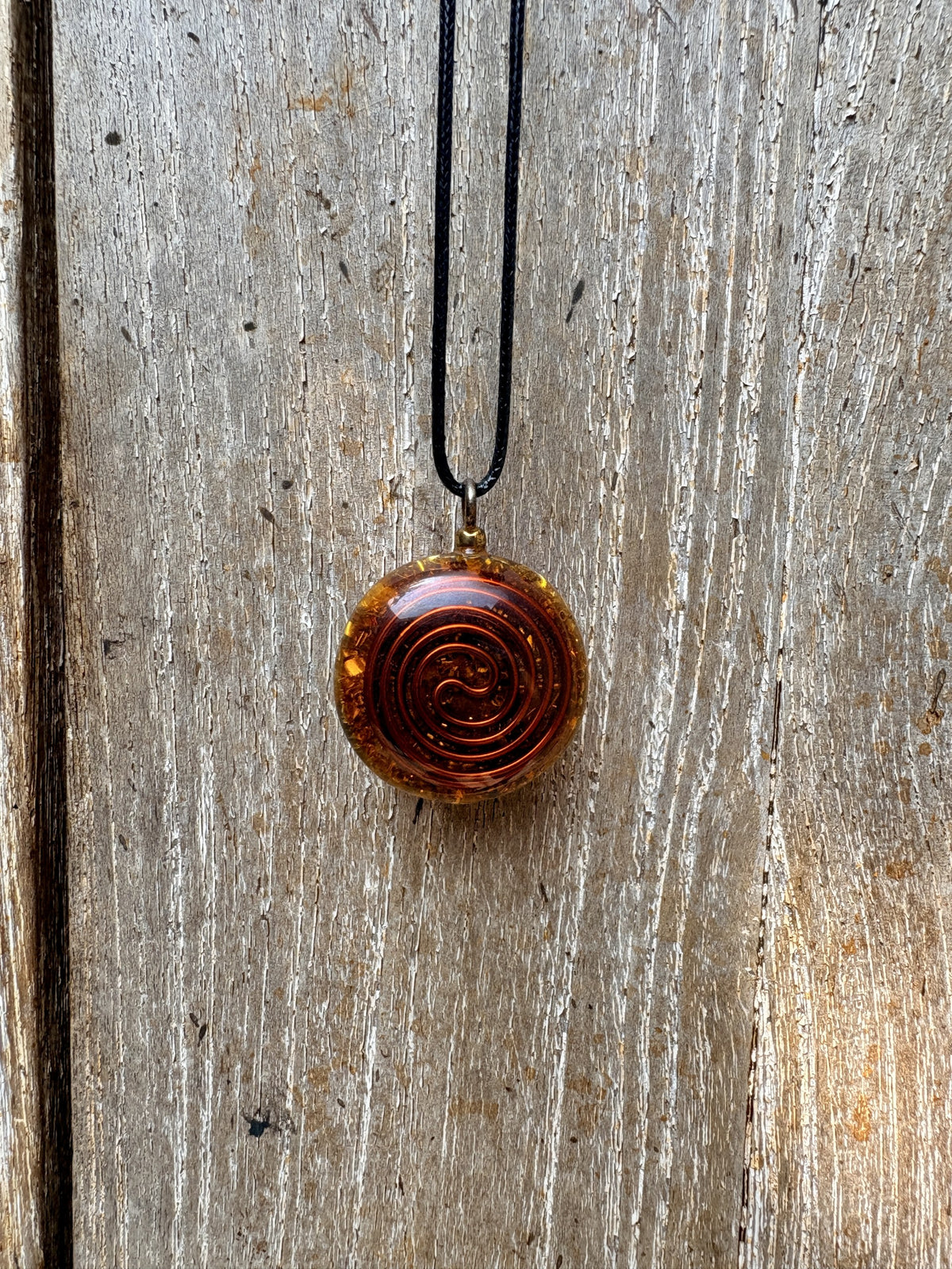 Owl Abundance Pendant reverse Tesla spiral copper wire amber gold matrix black cord orgonite Batuan Bali
