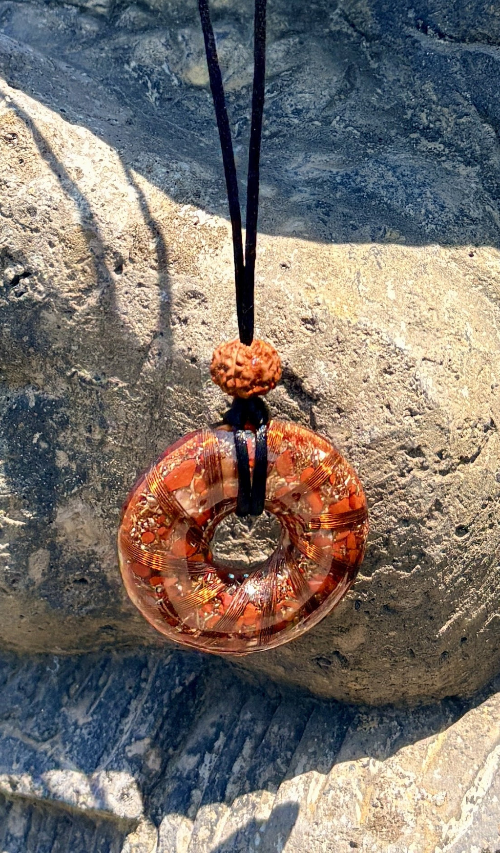 Rodin Donut Pendant red jasper copper winding rudraksha bead black cord torus orgonite root chakra handcrafted Batuan Bali