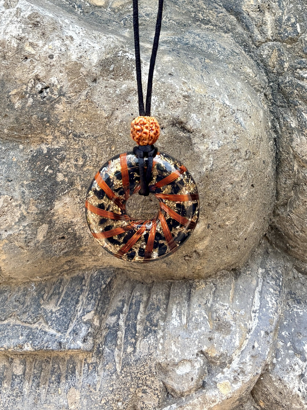 Root Chakra Donut Orgonite Pendant black tourmaline copper vortex winding rudraksha bead black cord torus orgonite grounding Batuan Bali