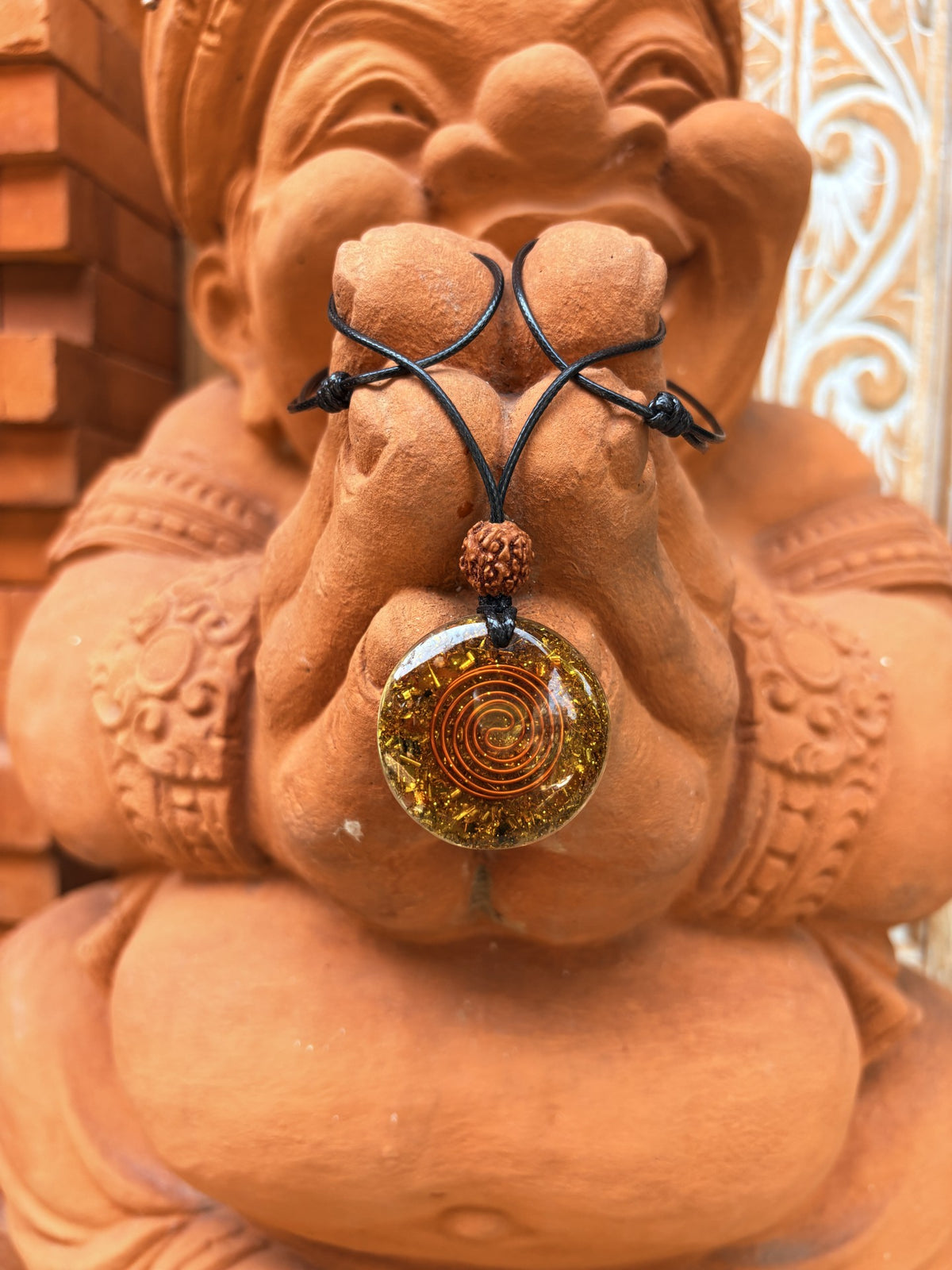 Small Dragon Prosperity Pendant reverse side copper spiral orgonite Ganesha Batuan Bali