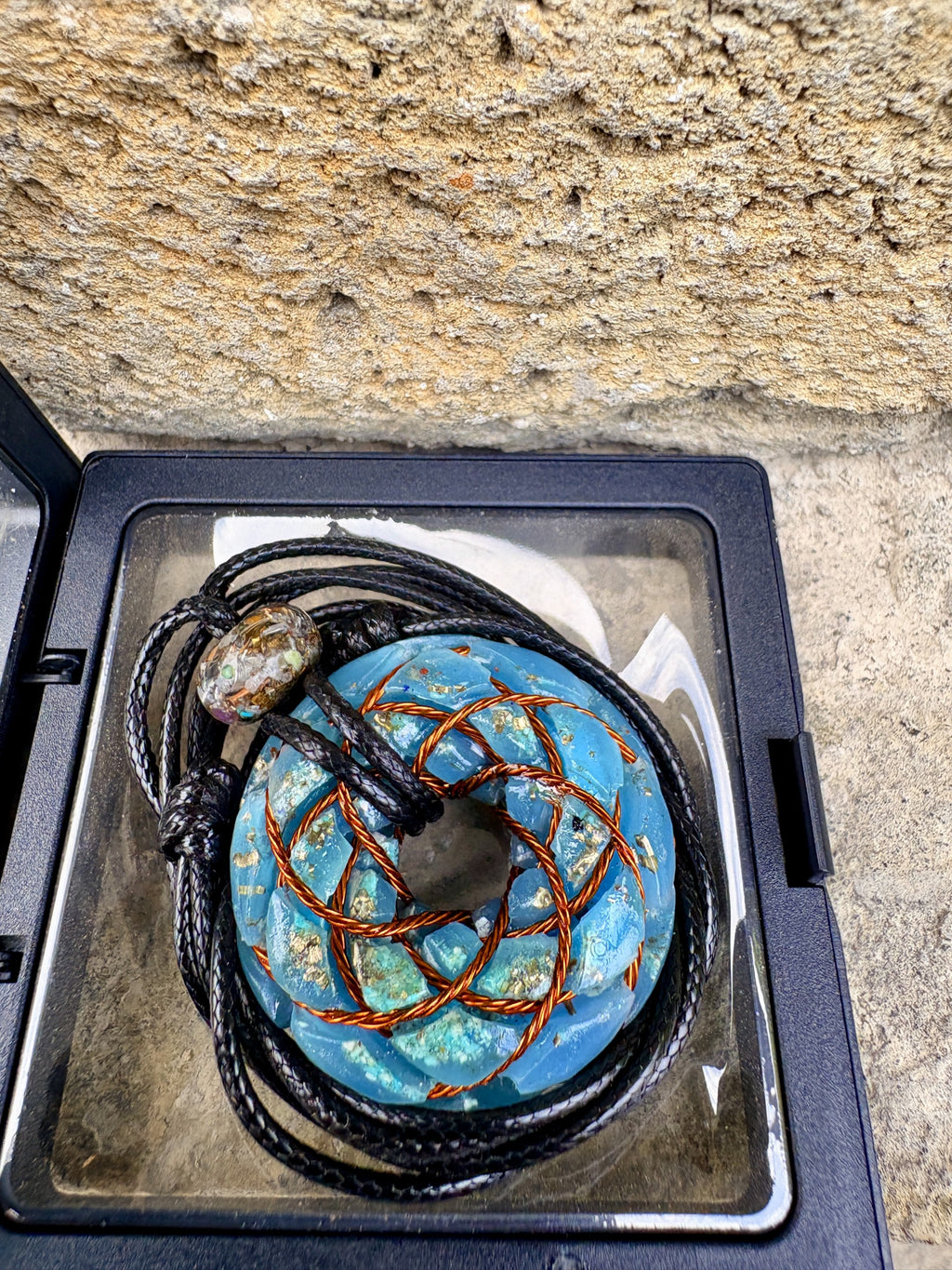 Turquoise Torus Pendant copper torus coil in black gift box with mixed-stone orgonite bail bead 34cm black braided cord Batuan Bali