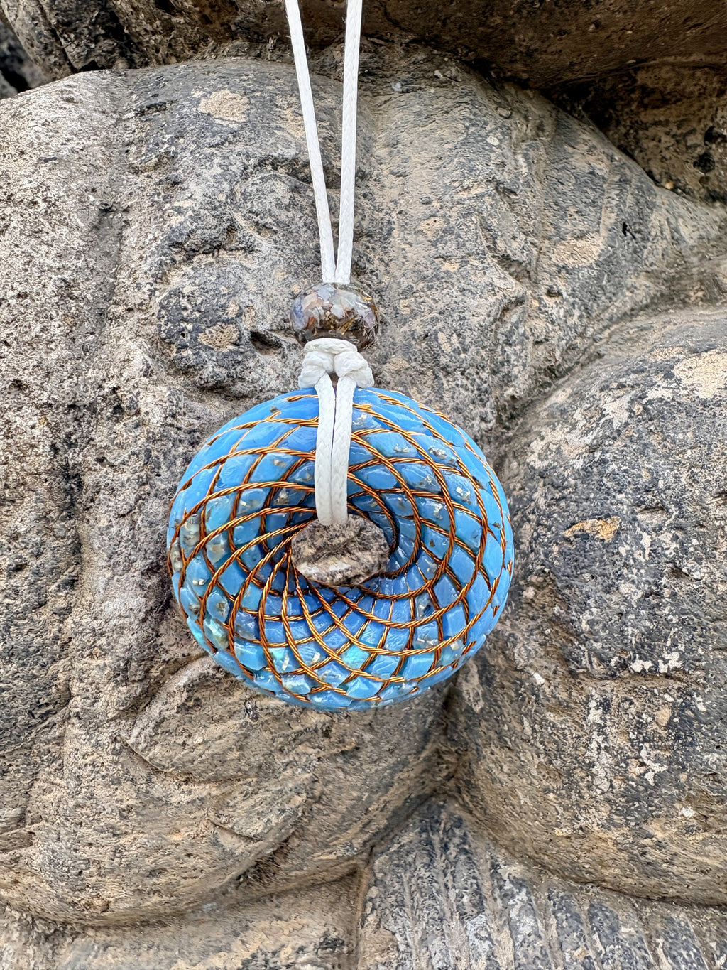 Large Turquoise Torus Pendant dense copper spiral winding vivid sky blue Turquoise chunks metal leaf 48mm white braided cord mixed-stone bail bead Batuan Bali