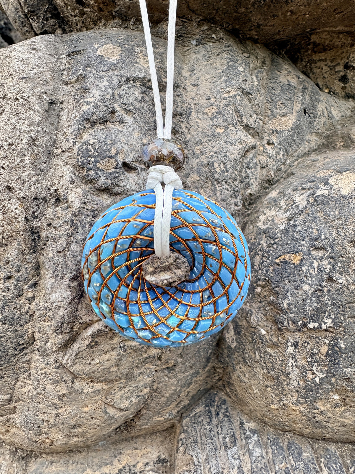 Large Turquoise Torus Pendant dense copper spiral winding vivid sky blue Turquoise chunks metal leaf 48mm white braided cord mixed-stone bail bead Batuan Bali