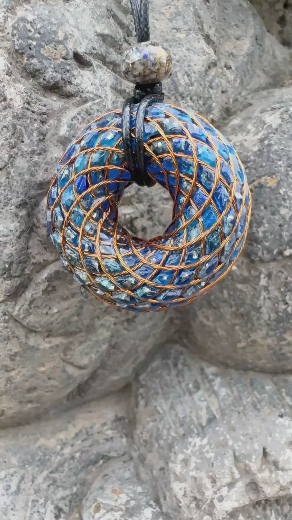 Large Lapis Lazuli Torus Pendant | Copper Spiral Winding | Mental Clarity, Self-Expression & Sovereign Wisdom | 48mm | Wearable Orgonite