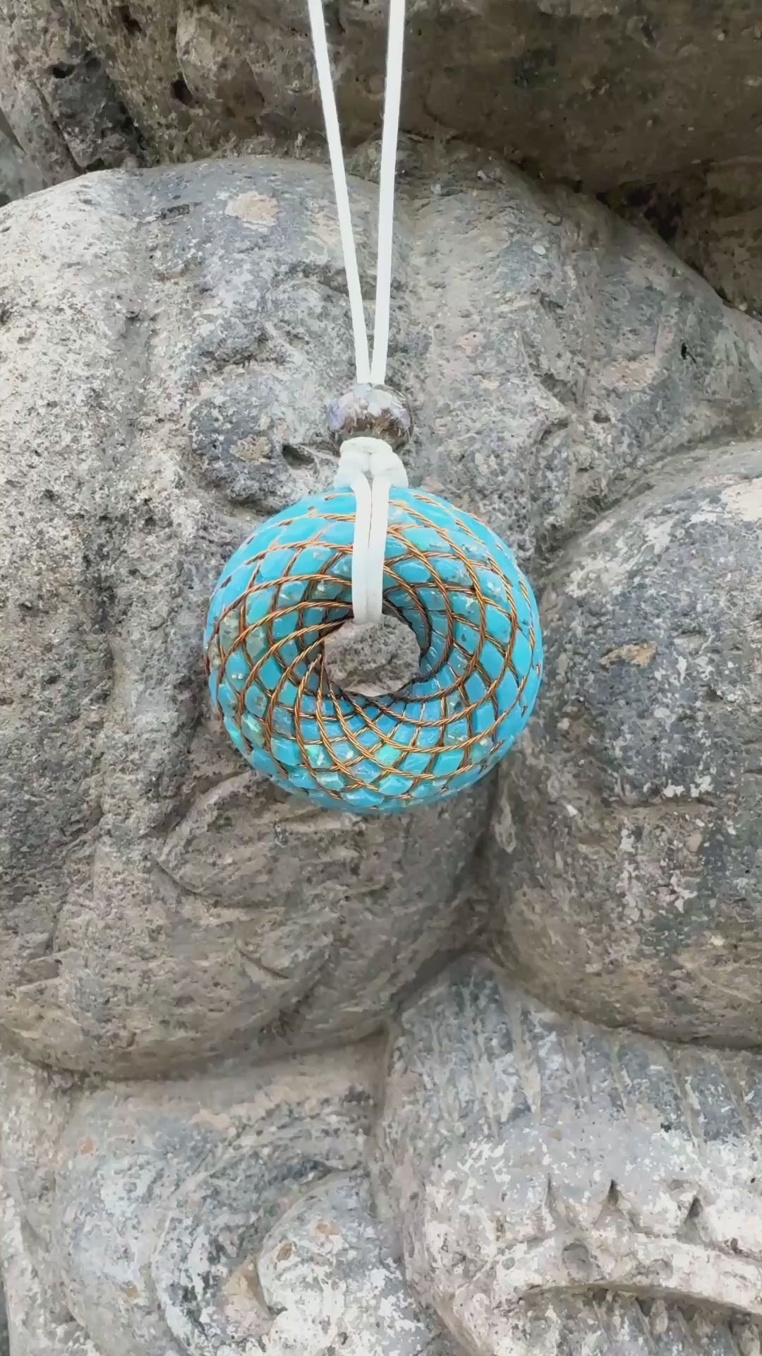 Large Turquoise Torus Pendant | Copper Spiral Winding | Throat Chakra, Enhanced Communication, Physical Healing & Protection | 48mm | Wearable Orgonite