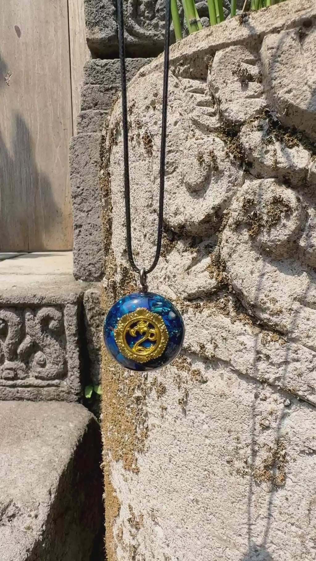 Bali Omkara Small Pendant | Lapis Lazuli & Gold Om Symbol | Communication, Truth & Sacred Expression | Wearable Orgonite
